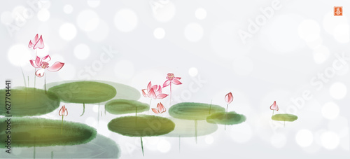 Pink lotus flowers with green leaves in calm pond on white glowing background. Traditional oriental ink painting sumi-e, u-sin, go-hua. Translation of hieroglyph - joy.