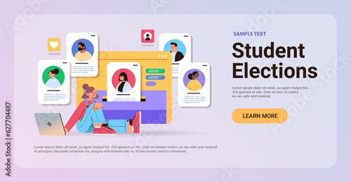 student choosing candidates voting on laptop referendum or election concept horizontal copy space