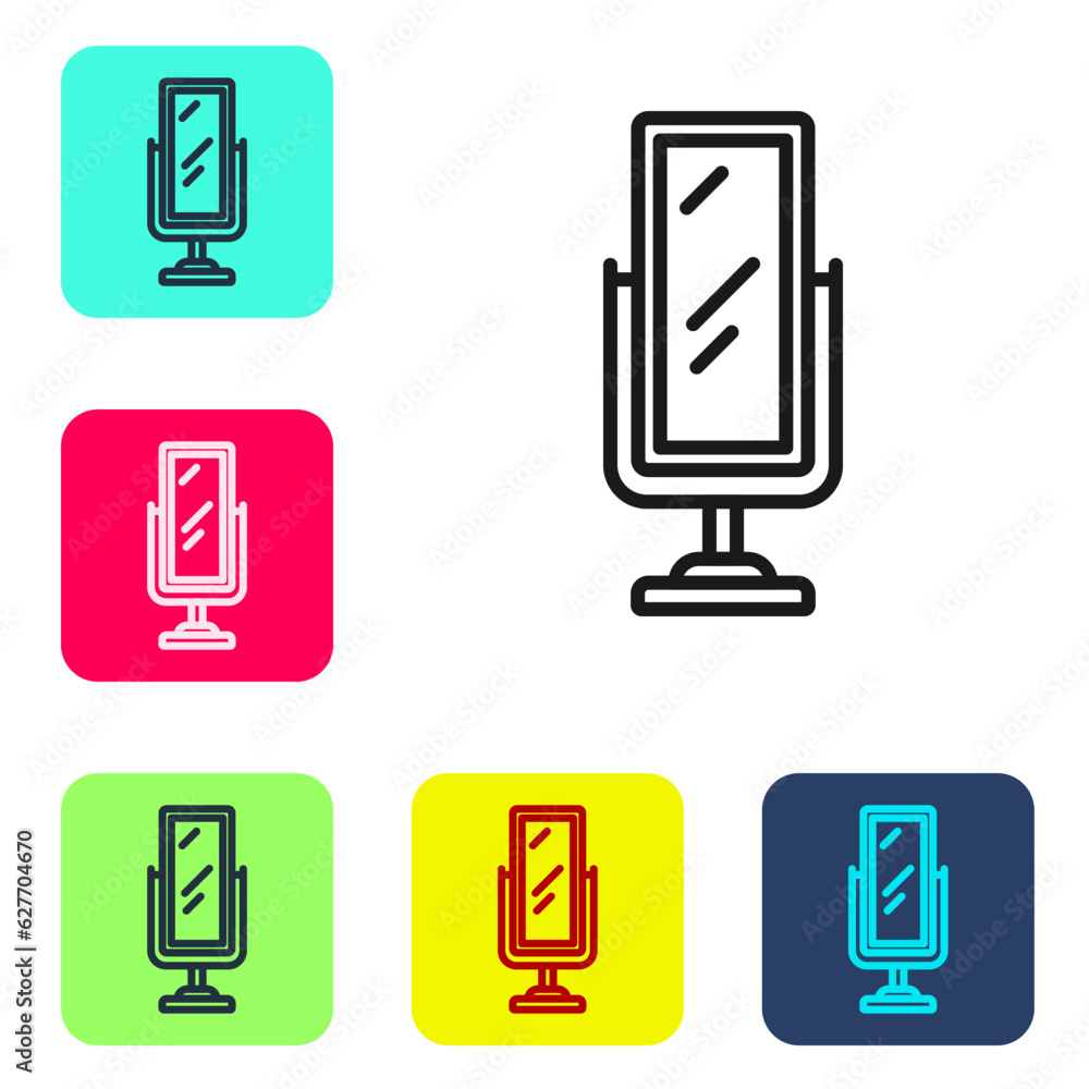 Black line Big full length mirror for bedroom, shops, backstage icon isolated on white background. Set icons in color square buttons. Vector Black line Big full length mirror for bedroom, shops, backstage icon isolated on white background. Set icons in color square buttons. Vector