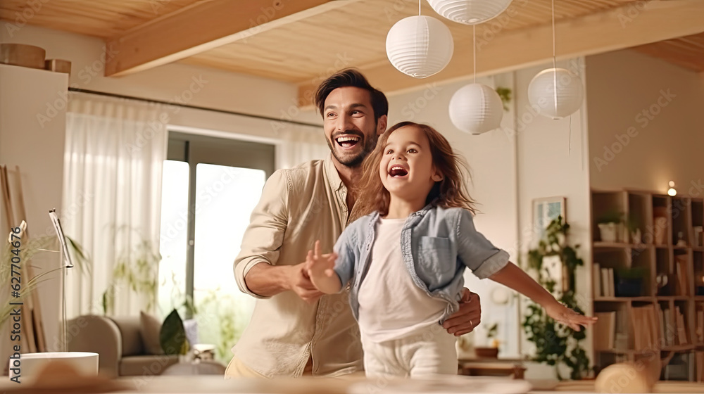 Happy family having fun time in living room at home, Generative AI Happy family having fun time in living room at home, Generative AI