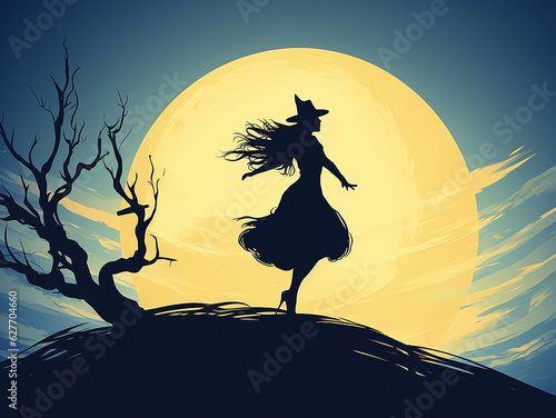 Black silhouette of a witch in a dress and a magic hat on the background of a round yellow moon © Mari