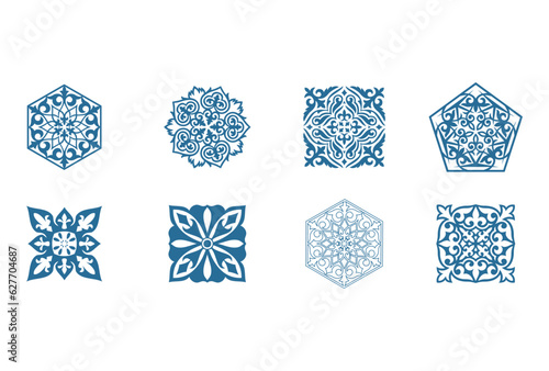 Islamic ornament vector, persian motiff. 3d ramadan islamic round pattern elements. Geometric logo template set. Circular ornamental arabic symbols. National pattern of the Kazakhs, Kyrgyz, Mongols.