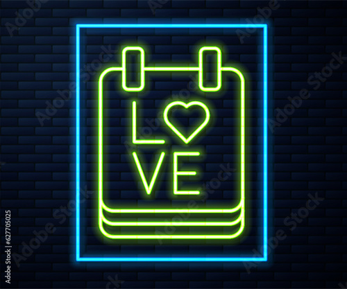 Glowing neon line Calendar with February 14 icon isolated on brick wall background. Valentines day. Love symbol. Vector