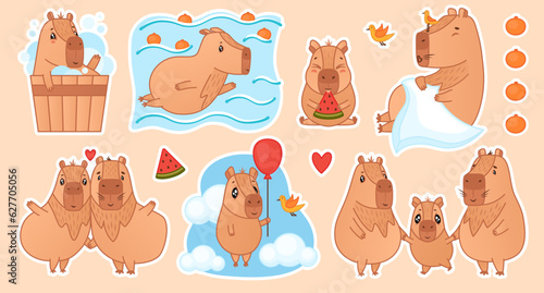 Cute capybaras family cartoon sticker set. Funny capibara characters bathing, swim in water, eats watermelon, sleepping, relaxing, love, dancing, fly holding balloon. Vector illustration 