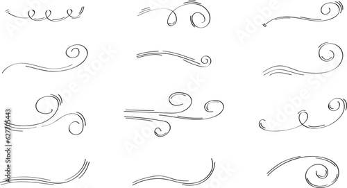 Doodle wind icon set. Swirl elements hand drawn doodle. Wind blows, windy motion, air condition blow, air masses flow photo