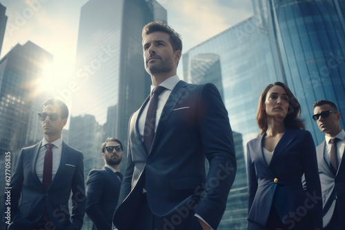 Business team, people in suits stand against the backdrop of skyscrapers, a woman and a man. AI generative.