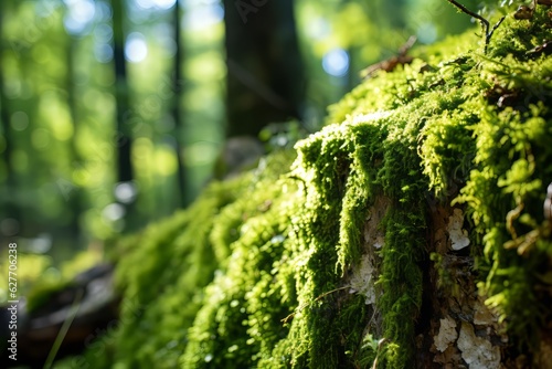Close-up of mosses covering a tree trunk in a forest.