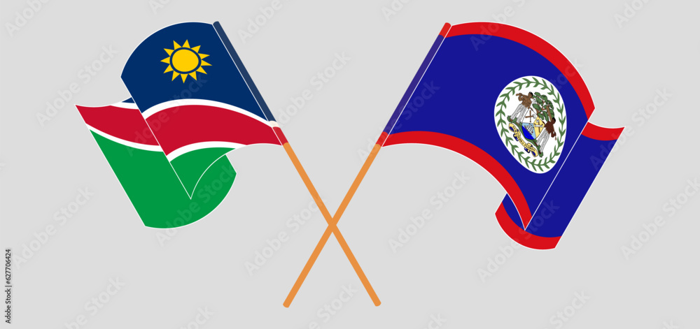 Crossed and waving flags of Namibia and Belize Crossed and waving flags of Namibia and Belize