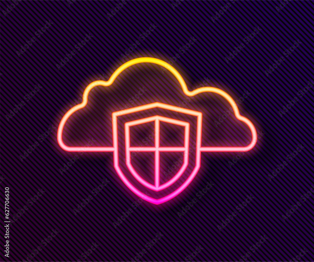 Glowing neon line Cloud and shield icon isolated on black background. Cloud storage data protection. Security, safety, protection, privacy concept. Vector Glowing neon line Cloud and shield icon isolated on black background. Cloud storage data protection. Security, safety, protection, privacy concept. Vector