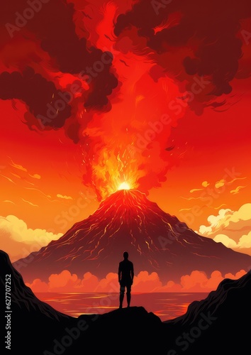 Silhouette of human standing in front of active vulcano with smoke, nature.