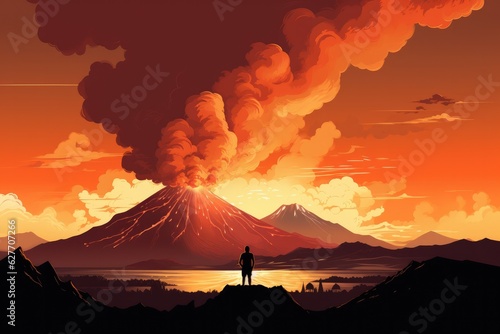 Silhouette of human standing in front of active vulcano with smoke, nature.