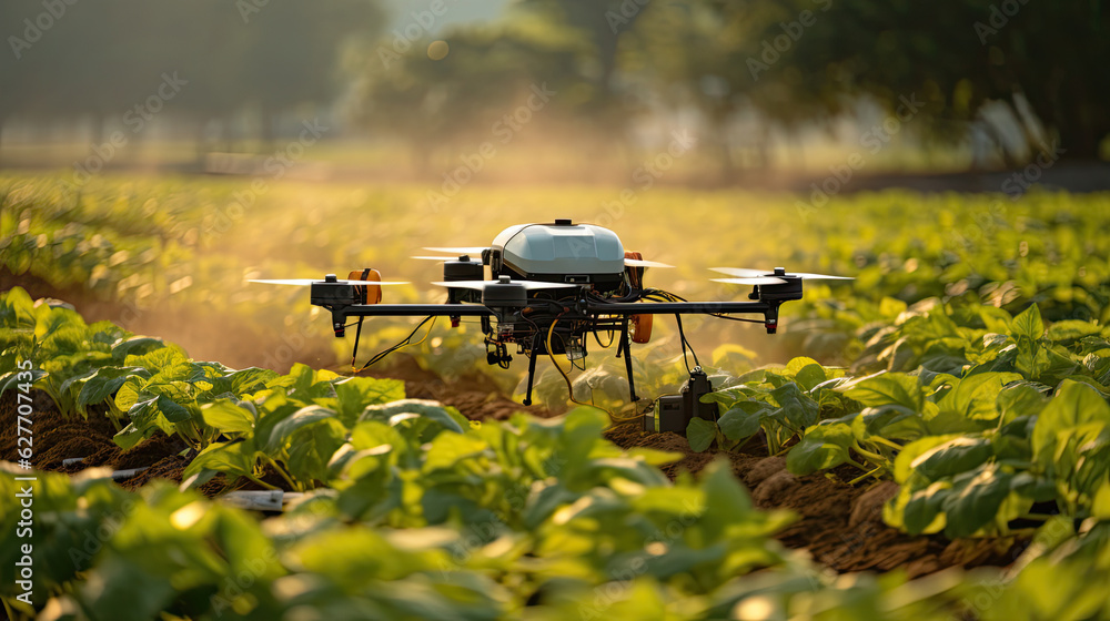Agriculture drones fly to monitor farmland. innovation on Industrial agriculture and smart farming