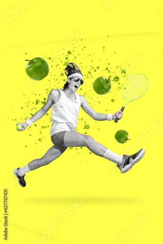 Banner poster collage of crazy excited sportsman running enjoying playing tennis game with eating drinking apple juice