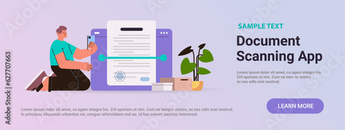 man scanning document in mobile app text recognition concept horizontal copy space