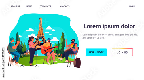 group of street musicians playing music instruments outdoor entertainment band of singers in park horizontal