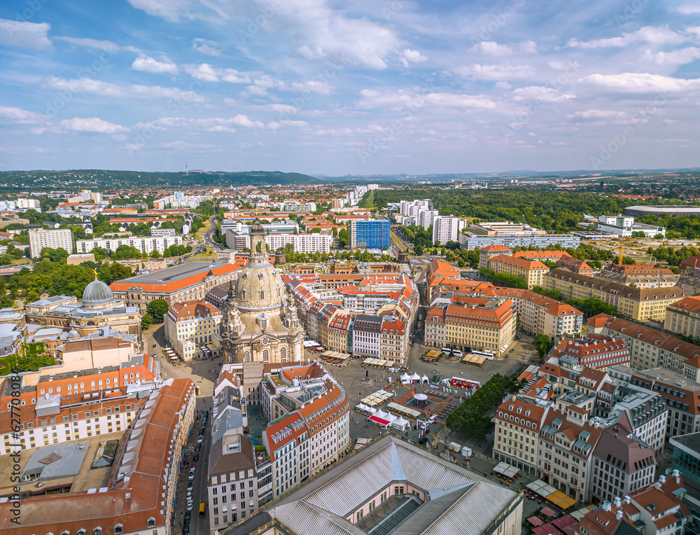 The drone aerial view of old town of Dresden, Germany. 