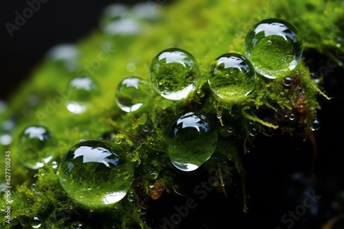 Droplets of water on the surface of a moss-covered rock.