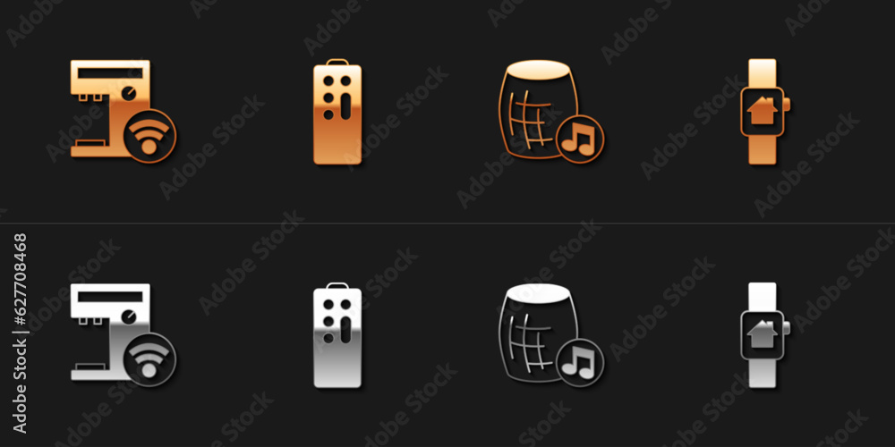 Set Smart coffee machine, Remote control, Voice assistant and home with smart watch icon. Vector Set Smart coffee machine, Remote control, Voice assistant and home with smart watch icon. Vector
