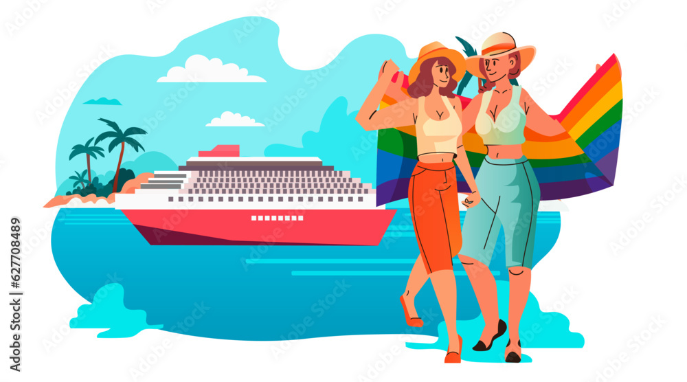 Fototapeta premium lesbians holding lgbt rainbow flag pride festival transgender love generation Z concept horizontal