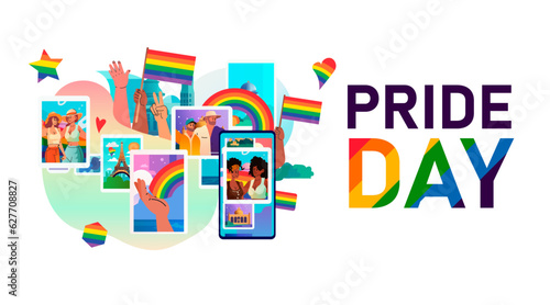 mix race people with lgbt rainbow flag pride festival transgender love generation Z concept horizontal