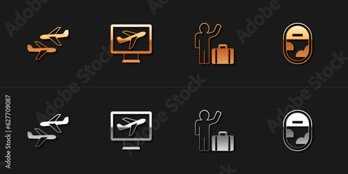 Set Plane, , Tourist with suitcase and Airplane window icon. Vector