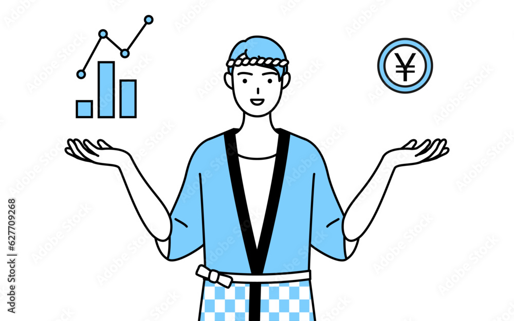 DXのイメージ、業績と売上の向上を案内する夏祭りの法被を着た男性