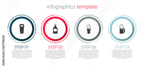 Set Bottle opener, Beer bottle, Glass of beer and Wooden mug. Business infographic template. Vector