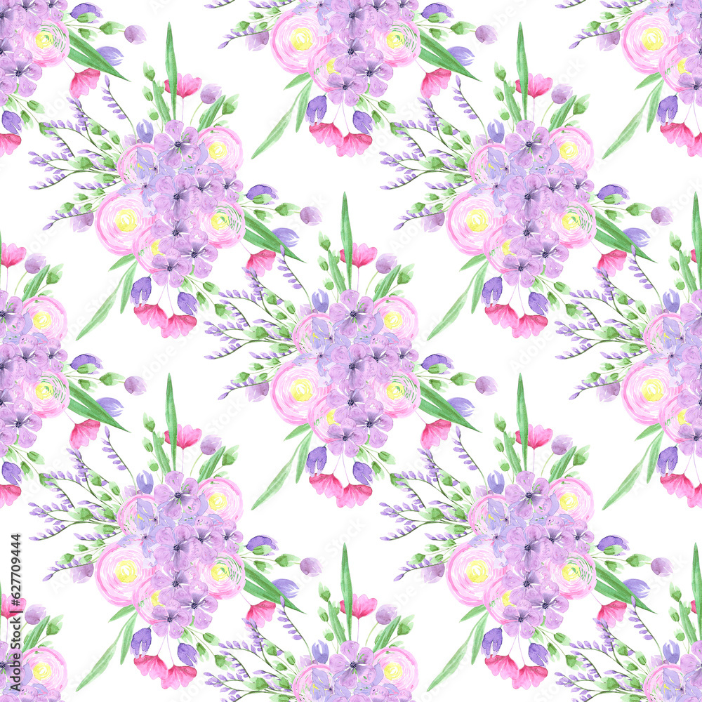 Abstract flowers. Hand drawn watercolor bouquet seamless pattern isolated on white background. Can be used for textile, wrapping, fabric.
