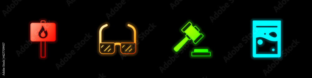 Set Protest, Safety goggle glasses, Judge gavel and Plastic bag of drug icon. Vector Set Protest, Safety goggle glasses, Judge gavel and Plastic bag of drug icon. Vector
