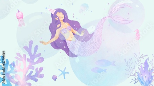Mermaid under the sea design collection  colorful fish bubble decorative Background Vector Illustration