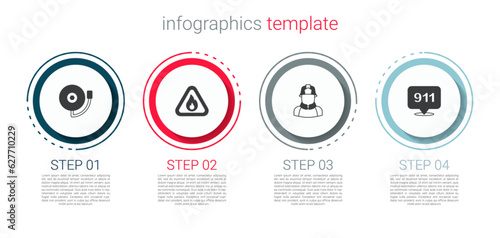 Set Ringing alarm bell, Fire flame triangle, Firefighter and Emergency call 911. Business infographic template. Vector