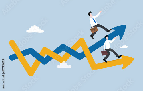 Business competition, marketing rivalry to gain capture larger share of market, concept, Businessman running on line graph to compete with competitor on another graph.
