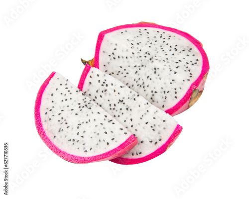 Dragon fruit isolated on white background. Slice of Pitaya or Pitahaya fruit with clipping path. Top view.