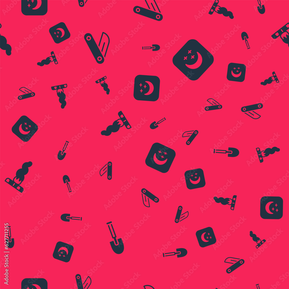 Set Shovel, Swiss army knife, Campfire and Moon and stars on seamless pattern. Vector