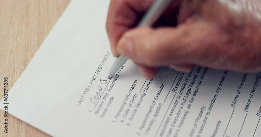 Hands, writing or senior person with will, contract or application document for insurance papers. Compliance, closeup or elderly client signature for paperwork, legal form or title deed agreement Hands, writing or senior person with will, contract or application document for insurance papers. Compliance, closeup or elderly client signature for paperwork, legal form or title deed agreement
