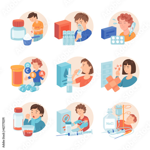 Sick kids with symptoms and treatment vector illustrations set. Collection of cartoon drawings of children with cough, stomachache, fever, pills and vitamins. Medicine, healthcare, medication concept