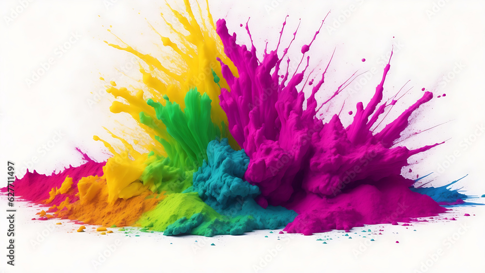 Colorful rainbow paint color powder explosion isolated on white wide panorama background