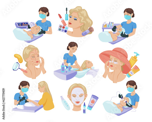 Different beauty procedures vector illustrations set. Collection of cartoon drawings of woman getting facial, hair and nail treatment, beauty products, makeup. Cosmetology, beauty, skincare concept