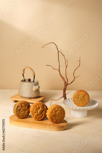 Moon Cake  Mid Autumn Festival with teapot ,chinese style photograph