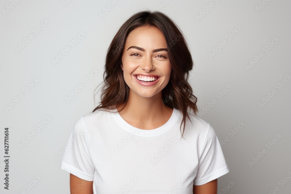 joy of a happy, stylish young woman laughing and smiling in a stylish t-shirt. Isolated on white background advertisements and positive content.Generative ai joy of a happy, stylish young woman laughing and smiling in a stylish t-shirt. Isolated on white background advertisements and positive content.Generative ai