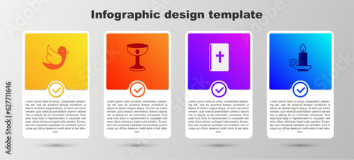 Set Dove, Christian chalice, Holy bible book and Burning candle in candlestick. Business infographic template. Vector
