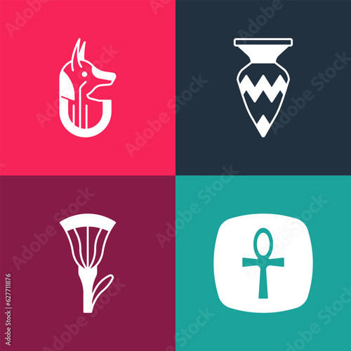 Set pop art Cross ankh, Egyptian lotus, vase and anubis icon. Vector