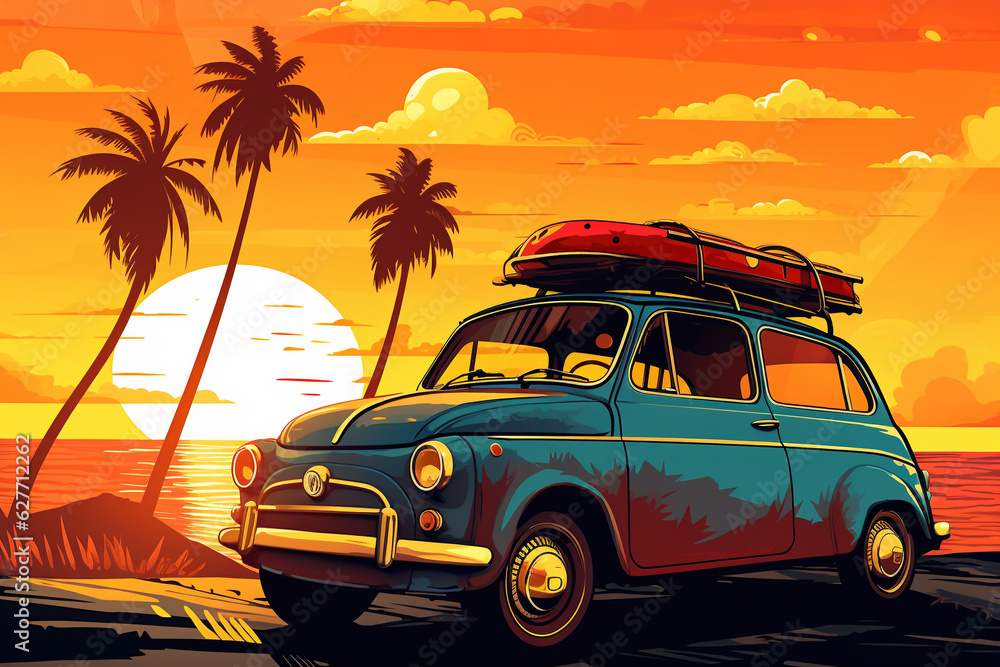 Car and beach. Sunrise. Summertime holiday. Polygon Illustration