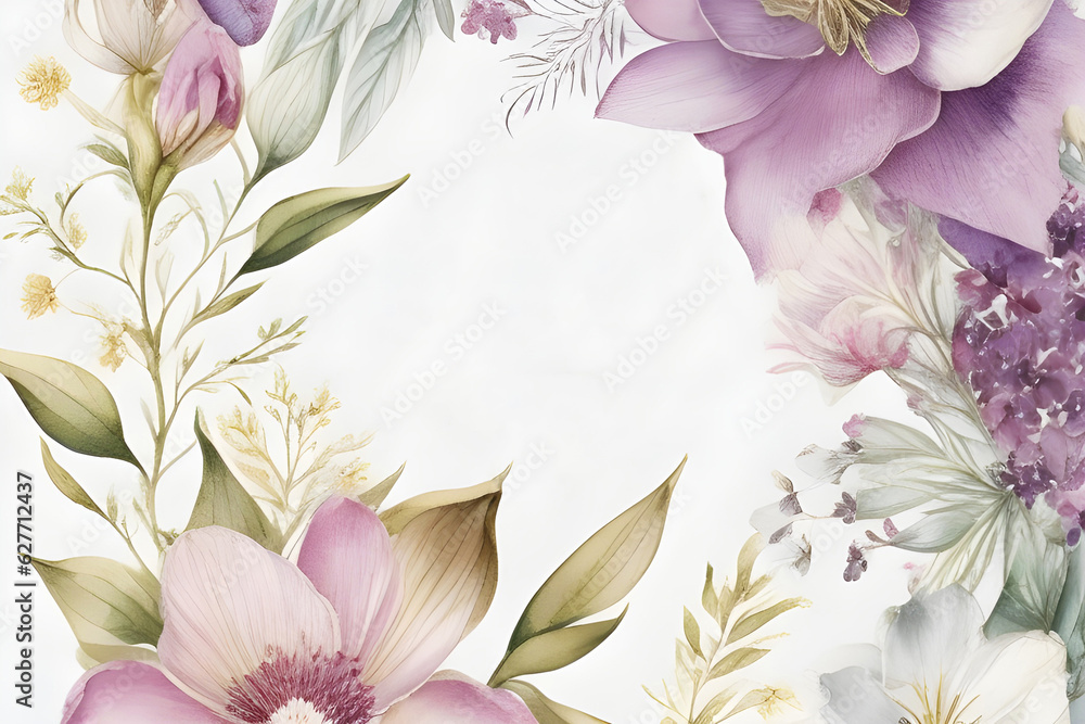 large watercolor flowers along the contour with copy space in the middle