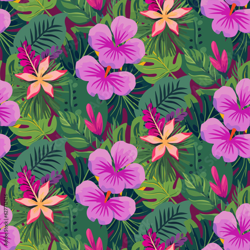 Wallpaper Mural Vector seamless pattern with various tropical leaves and flowers green on pink background Torontodigital.ca