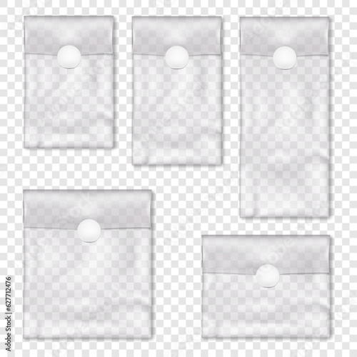 Clear vinyl pouch with white round seal sticker label. Vector mock-up set. Blank empty transparent fold top plastic bag package kit mockup