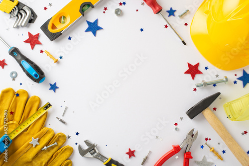 Paying homage to laborers on Labor Day: Capture attention with this top-view image showcasing the American flag and building instruments on white background. Perfect for advertisements or text