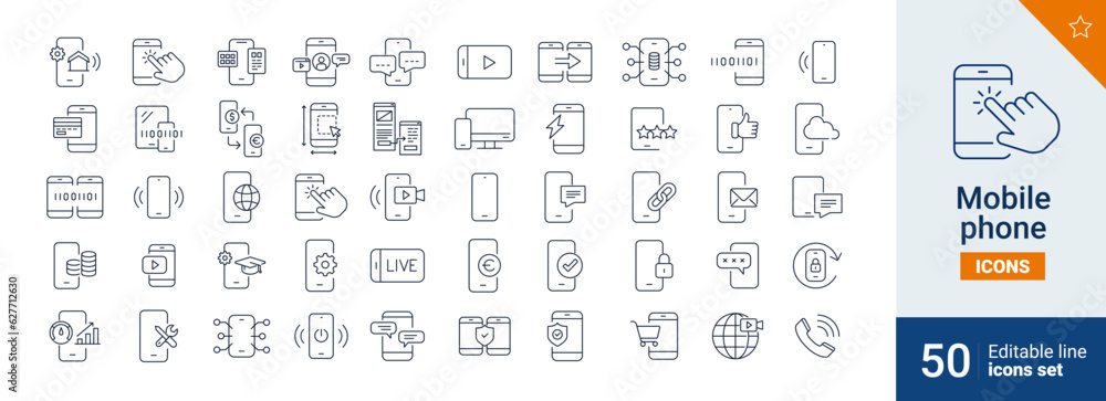 Mobile phone icons Pixel perfect. notification, responsive, movie, ...