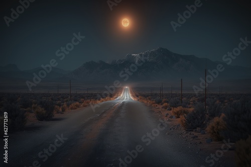 Road in the desert at night with full moon.