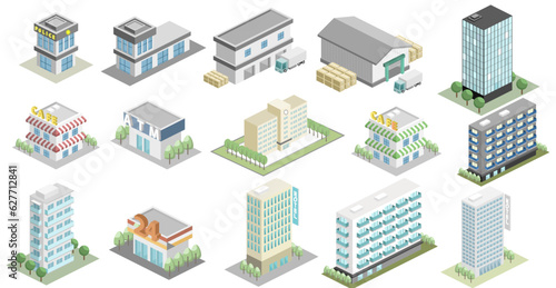 Fototapete Isometric 3D buildings color vector icon illustration design collection